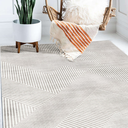 Rosson 200x300cm Large Modern Abstract Indoor Rug with a bold geometric pattern under a rattan swing chair, enhancing the room's airy and minimalist decor.