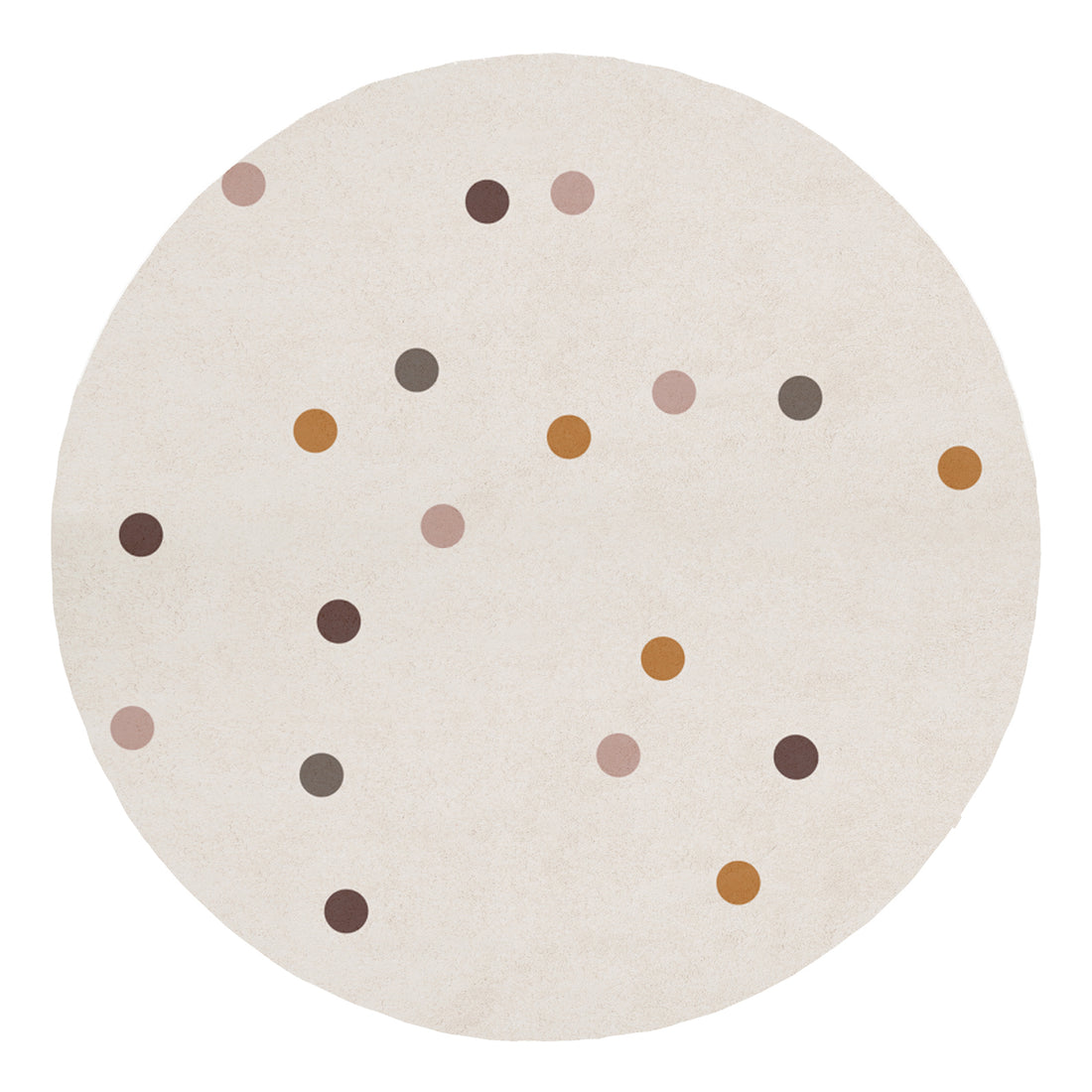 Roya 160x160cm Round Polka Dot Kids Indoor Rug features a cream surface adorned with playful, muted polka dots in browns, pinks, and ochres, enhancing any child's space with charm and warmth.