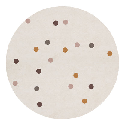 Roya 160x160cm Round Polka Dot Kids Indoor Rug features a cream surface adorned with playful, muted polka dots in browns, pinks, and ochres, enhancing any child's space with charm and warmth.