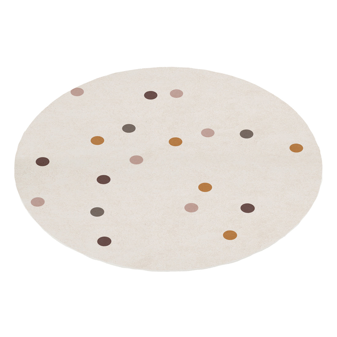 Roya 160x160cm Round Polka Dot Kids Indoor Rug featuring a cream base with scattered polka dots in muted earth tones, designed for a playful, cozy kids' space.