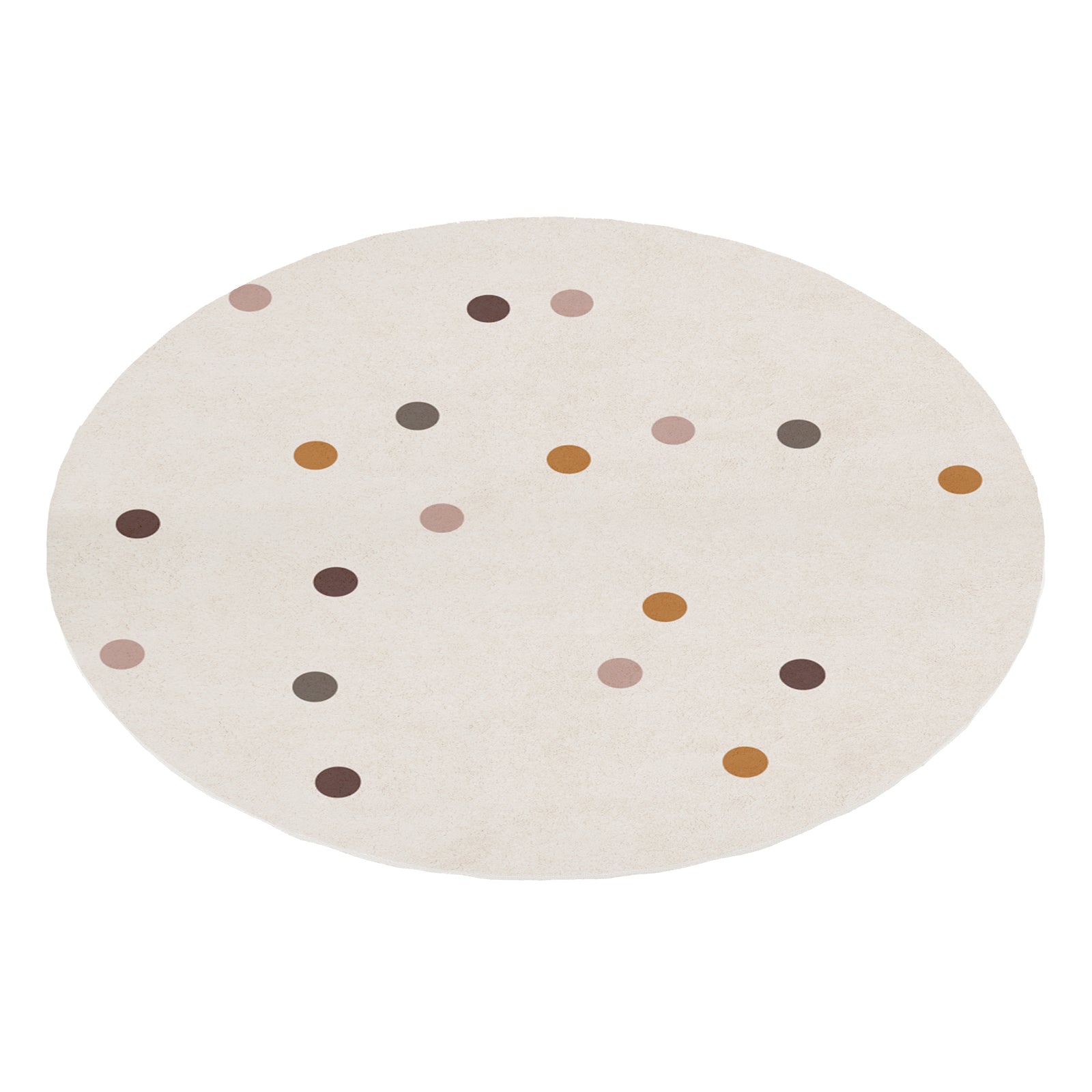 Roya 160x160cm Round Polka Dot Kids Indoor Rug featuring a cream base with scattered polka dots in muted earth tones, designed for a playful, cozy kids' space.
