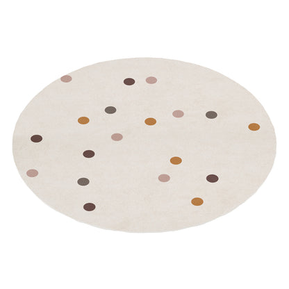 Roya 160x160cm Round Polka Dot Kids Indoor Rug featuring a cream base with scattered polka dots in muted earth tones, designed for a playful, cozy kids' space.