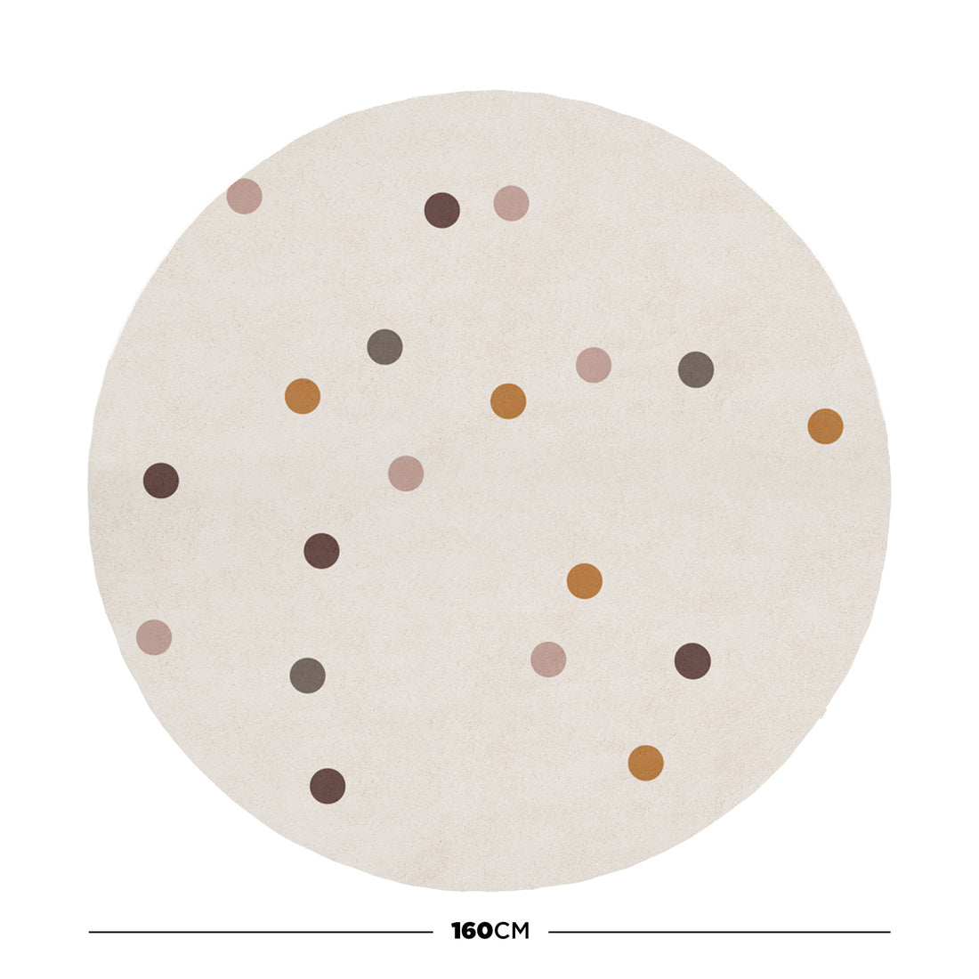 Roya 160x160cm Round Polka Dot Kids Indoor Rug features a cream base with scattered muted brown, terracotta, taupe, and dusty pink dots, creating a playful, inviting atmosphere for children's spaces.