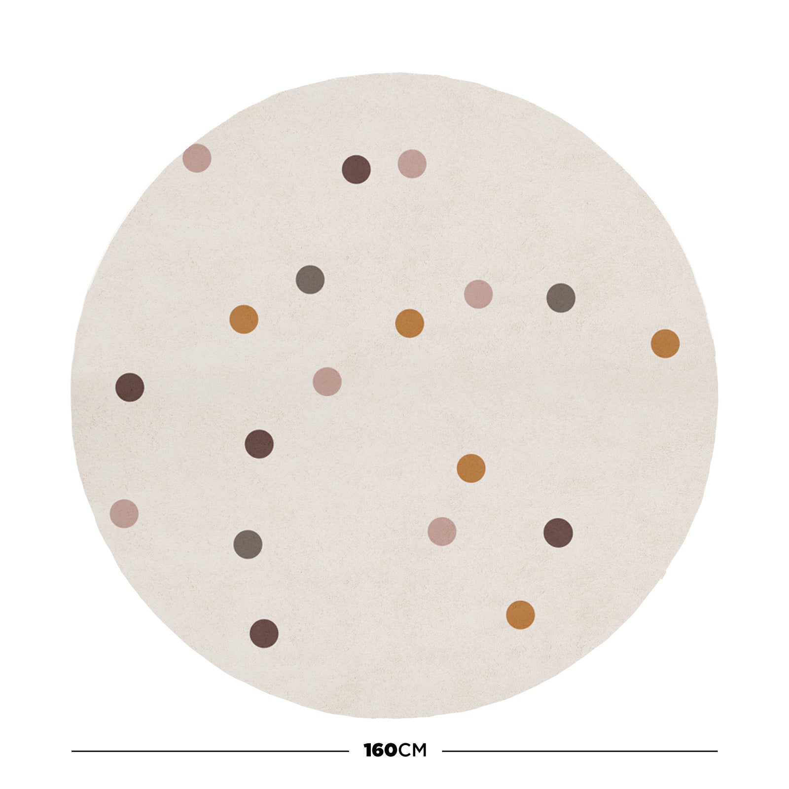 Roya 160x160cm Round Polka Dot Kids Indoor Rug features a cream base with scattered muted brown, terracotta, taupe, and dusty pink dots, creating a playful, inviting atmosphere for children's spaces.