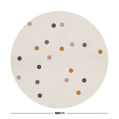 Roya 160x160cm Round Polka Dot Kids Indoor Rug features a cream base with scattered muted brown, terracotta, taupe, and dusty pink dots, creating a playful, inviting atmosphere for children's spaces.