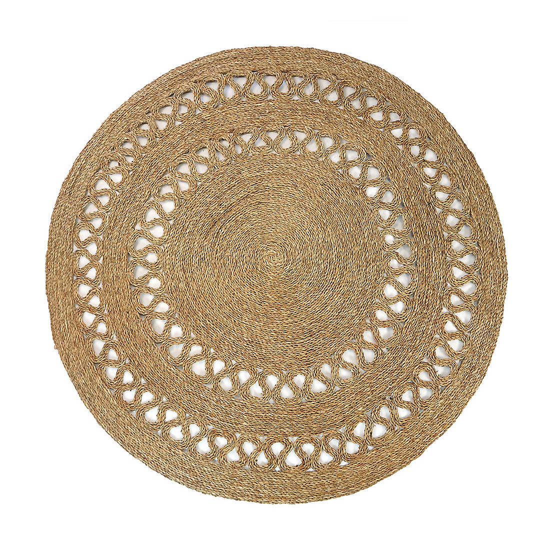 Sandra Brown Seagrass Rug 180cm features a round, braided design with a concentric weave and looped braiding, crafted from natural fibers, highlighting its intricate detailing and versatile style.