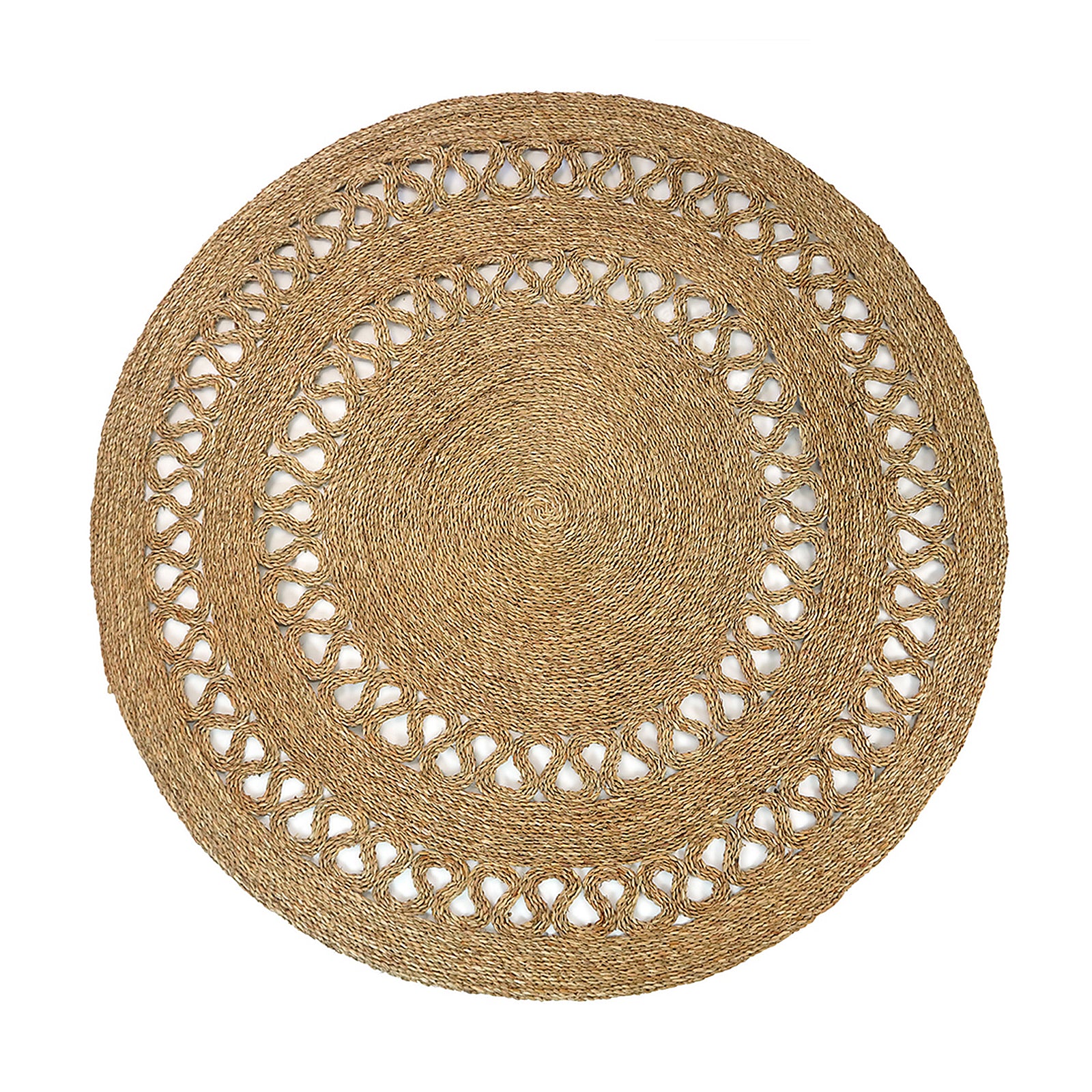 Sandra Brown Seagrass Rug 180cm features a round, braided design with a concentric weave and looped braiding, crafted from natural fibers, highlighting its intricate detailing and versatile style.