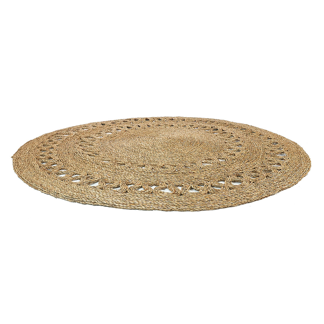 Sandra Brown Seagrass Rug 180cm features a large, round woven design with concentric braided natural fibers, ideal for adding warmth and texture to minimalist or modern interiors.