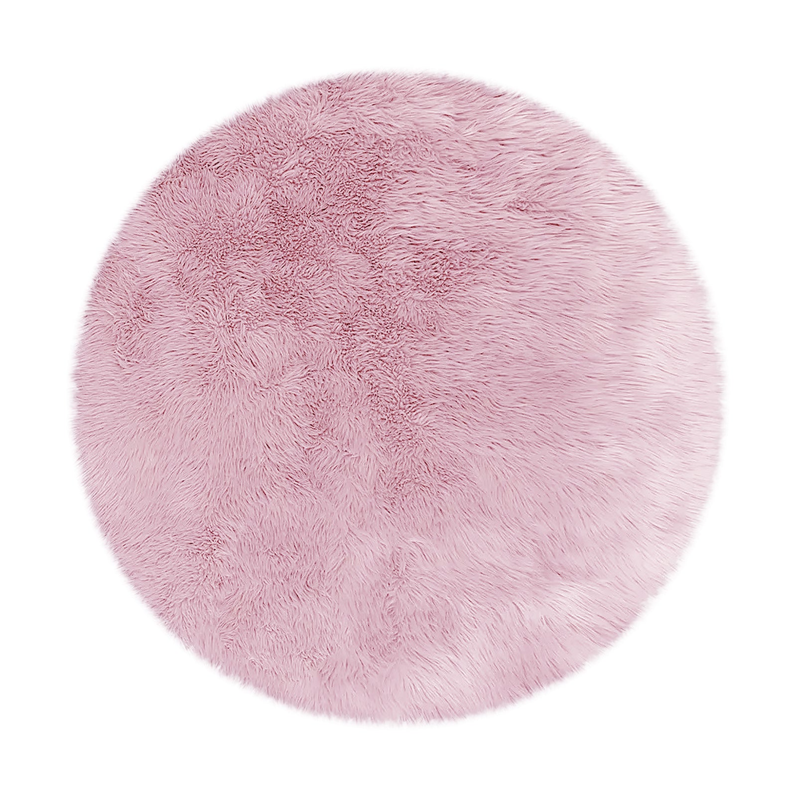 Shaddi 120cm Round Shaggy Soft Fluffy Fur Rug in Pink features a plush, circular design with long, fuzzy fibers, offering a luxurious, cozy texture suitable for enhancing room comfort and style.