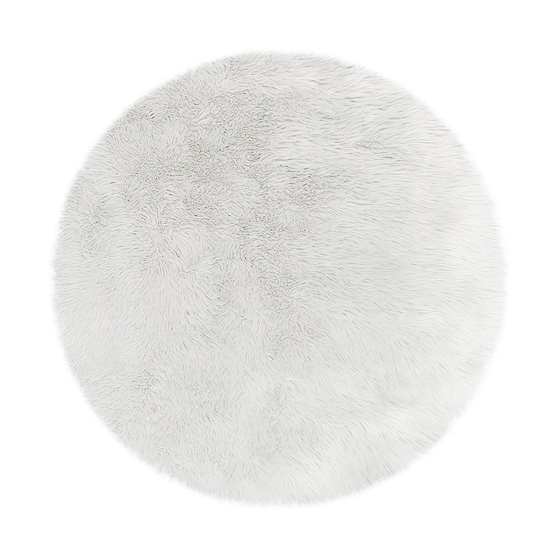 Shaddi 120cm Round Shaggy Soft Fluffy Fur Rug in White, featuring a plush, faux-fur texture with a suede backing. Ideal for adding comfort and style to any room.