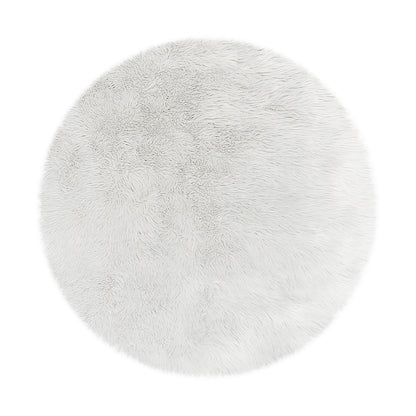 Shaddi 120cm Round Shaggy Soft Fluffy Fur Rug in White, featuring a plush, faux-fur texture with a suede backing. Ideal for adding comfort and style to any room.