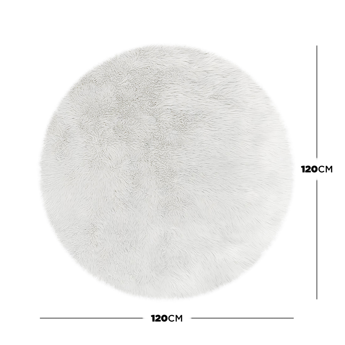 Shaddi 120cm Round Shaggy Soft Fluffy Fur Rug in White, featuring a plush faux-fur texture with a 120 cm diameter, shown with dimension lines highlighting its round shape and luxurious design.