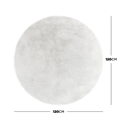 Shaddi 120cm Round Shaggy Soft Fluffy Fur Rug in White, featuring a plush faux-fur texture with a 120 cm diameter, shown with dimension lines highlighting its round shape and luxurious design.