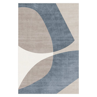 Sharya 160x230cm Abstract Indoor Floor Rug showcasing interlocking curves and arcs in a minimalist pattern, featuring sandy beige, slate-blue, and off-white tones for a contemporary, elegant touch.