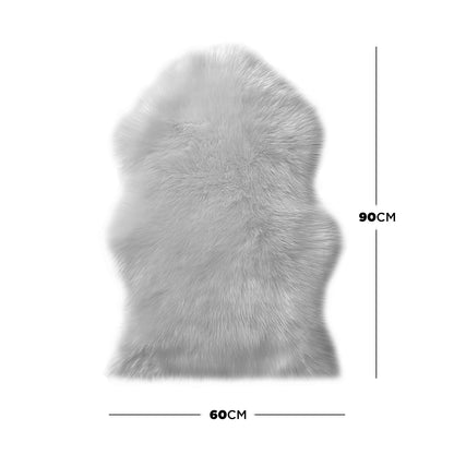 Silvanus 60x90cm Shaggy Soft Fluffy Fur Rug in Grey, featuring a luxurious shaggy texture resembling faux sheepskin, laid flat with dimensions marked at 60 cm wide by 90 cm tall.