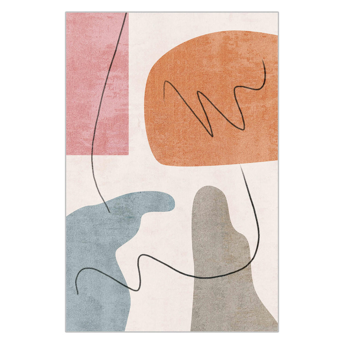 Skalo 160x230cm Medium Contemporary Colourful Kids Indoor Rug features abstract shapes in pink, terra cotta, blue, and gray, with a playful black line on an off-white background.