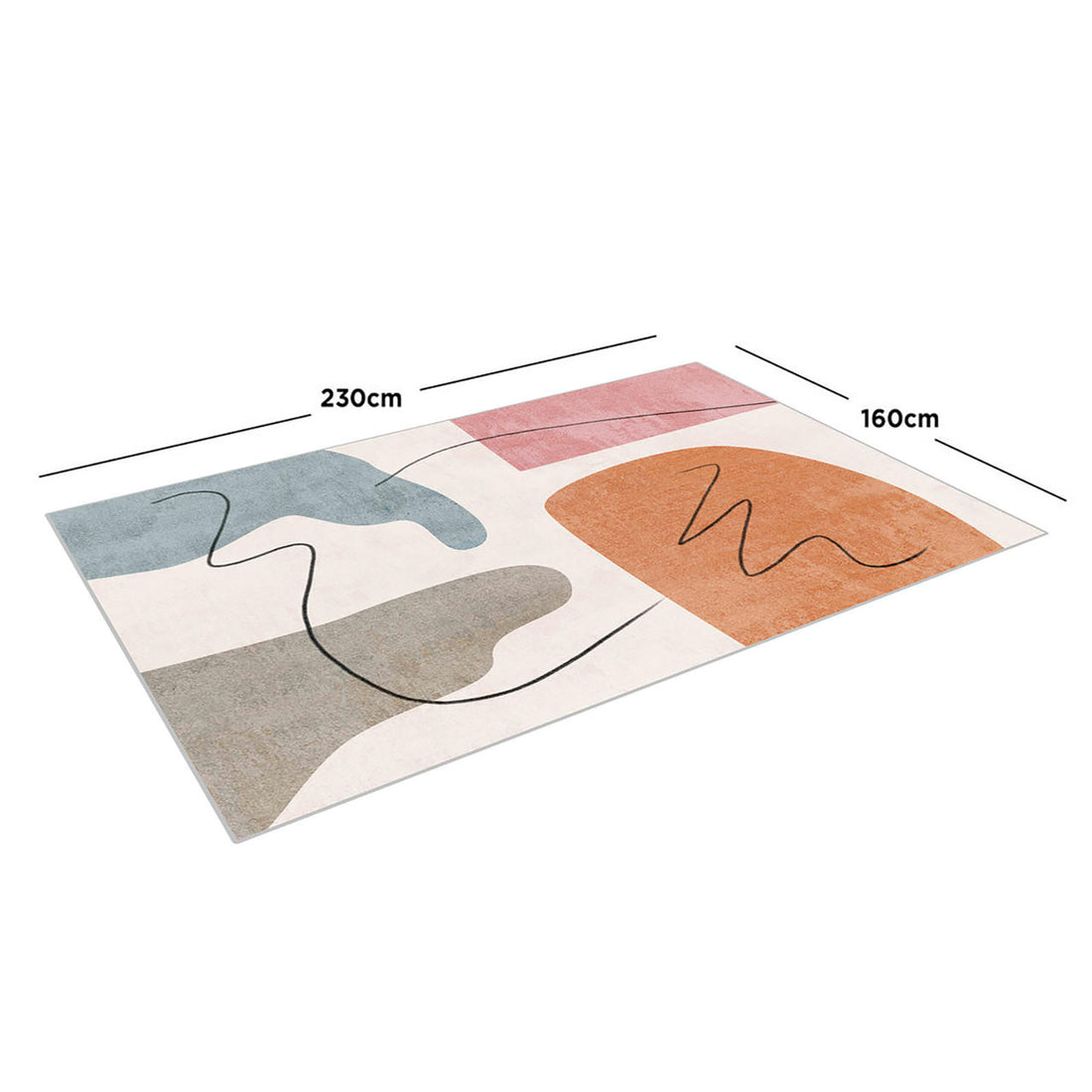 Skalo 160x230cm Medium Contemporary Colourful Kids Indoor Rug featuring abstract motif with muted blue, terracotta, taupe, and pale pink blocks, intersected by thin black scribble lines on cream background.