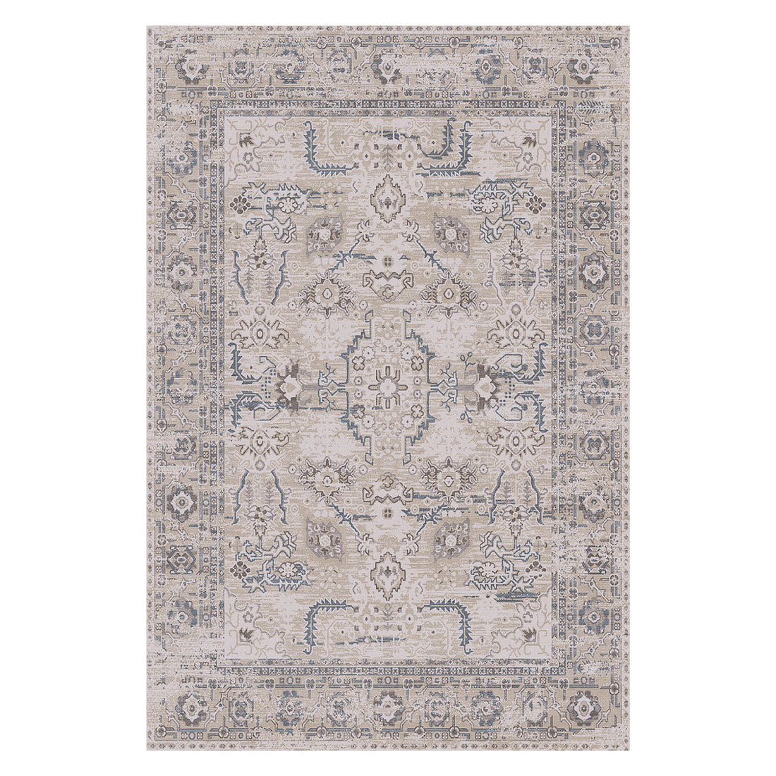 Trolvik 160x230cm Medium Persian Indoor Floor Rug features a distressed beige/taupe field with soft gray and muted blue medallion patterns, enhancing any space with its intricate, elegant design.