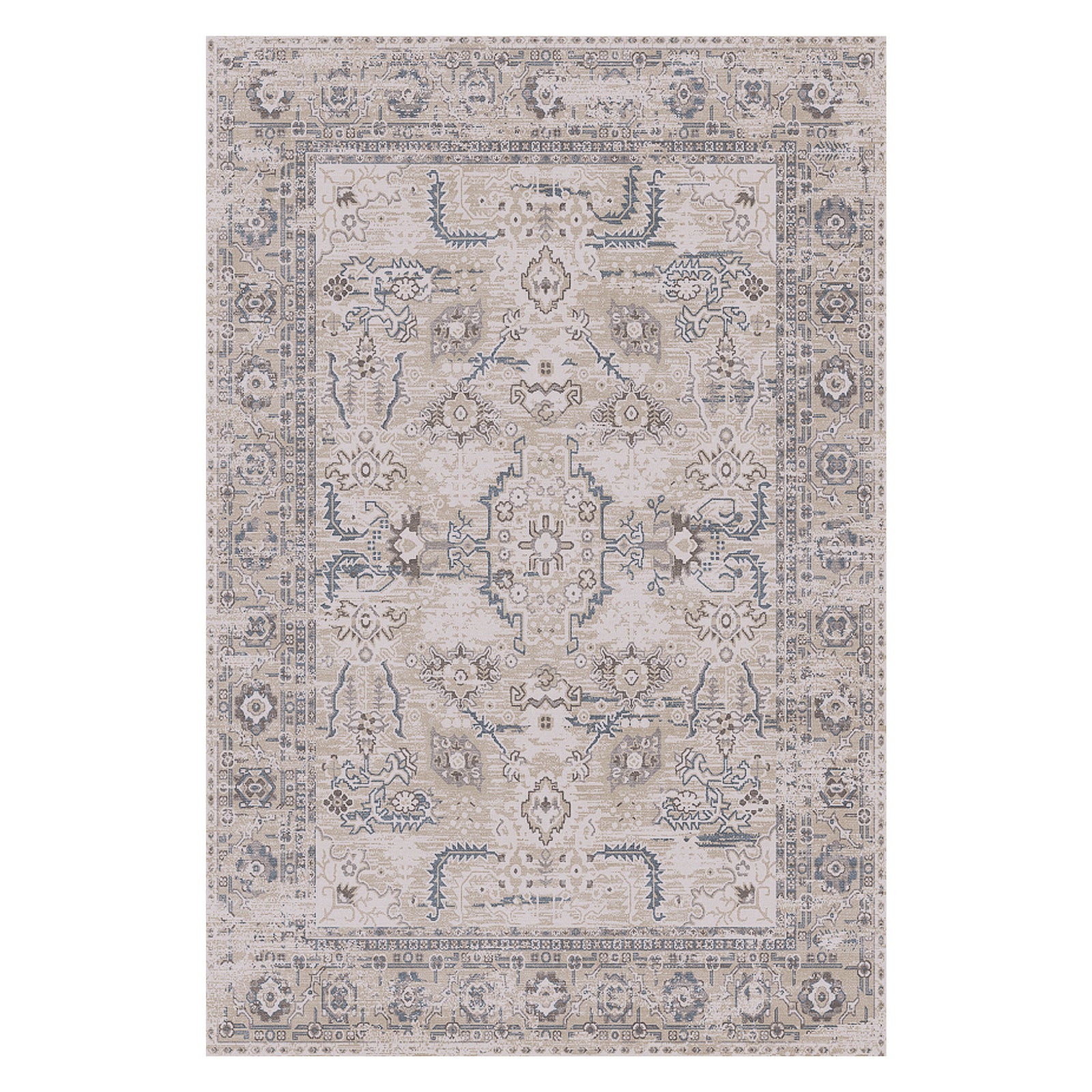 Trolvik 160x230cm Medium Persian Indoor Floor Rug features a distressed beige/taupe field with soft gray and muted blue medallion patterns, enhancing any space with its intricate, elegant design.