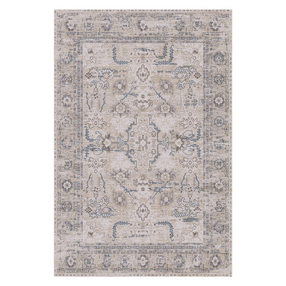 Trolvik 160x230cm Medium Persian Indoor Floor Rug features a distressed beige/taupe field with soft gray and muted blue medallion patterns, enhancing any space with its intricate, elegant design.