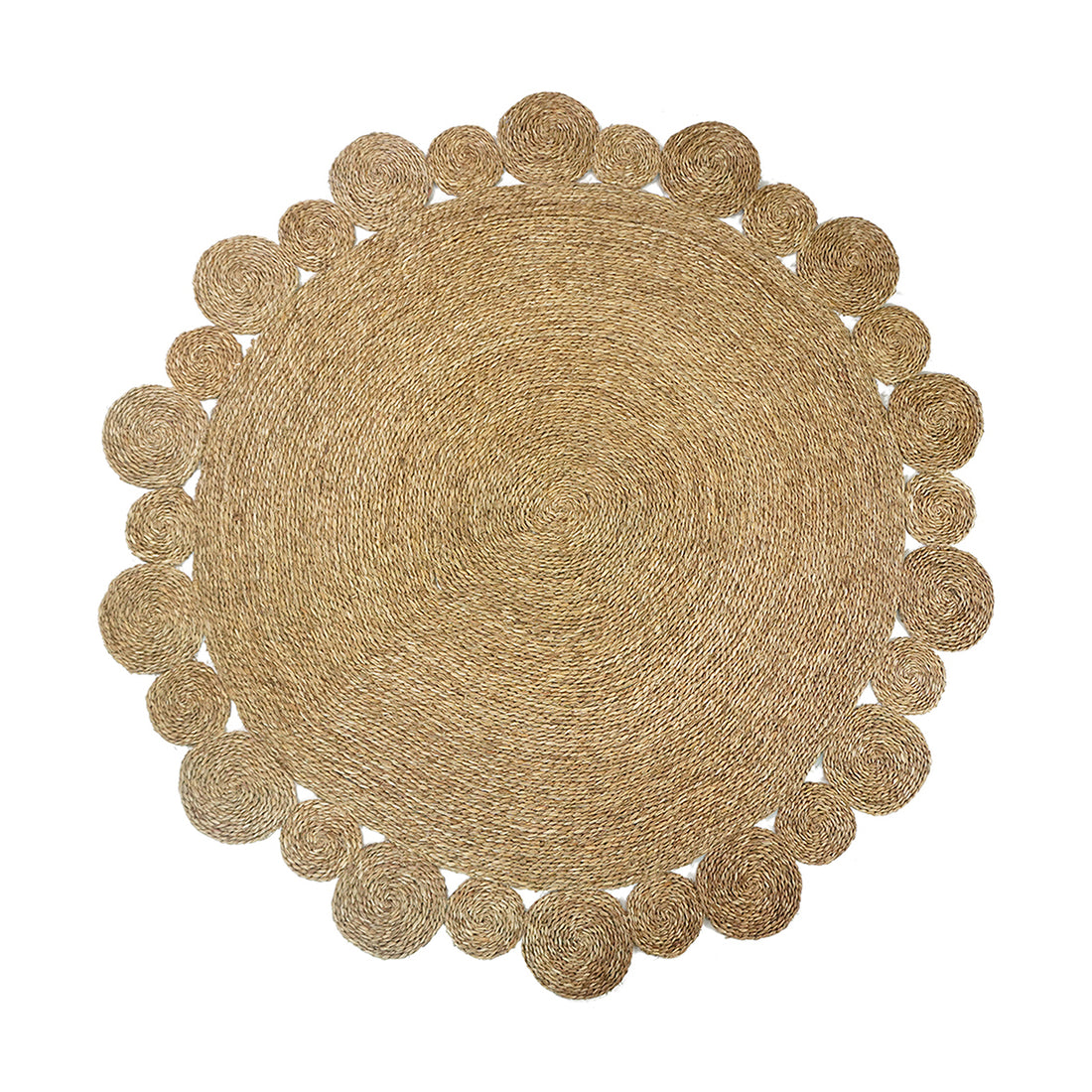 Una 180cm Seagrass Rug - Brown, featuring a hand-woven design with a large central disc and decorative coiled edge circles, crafted from natural fibers for a bohemian aesthetic.