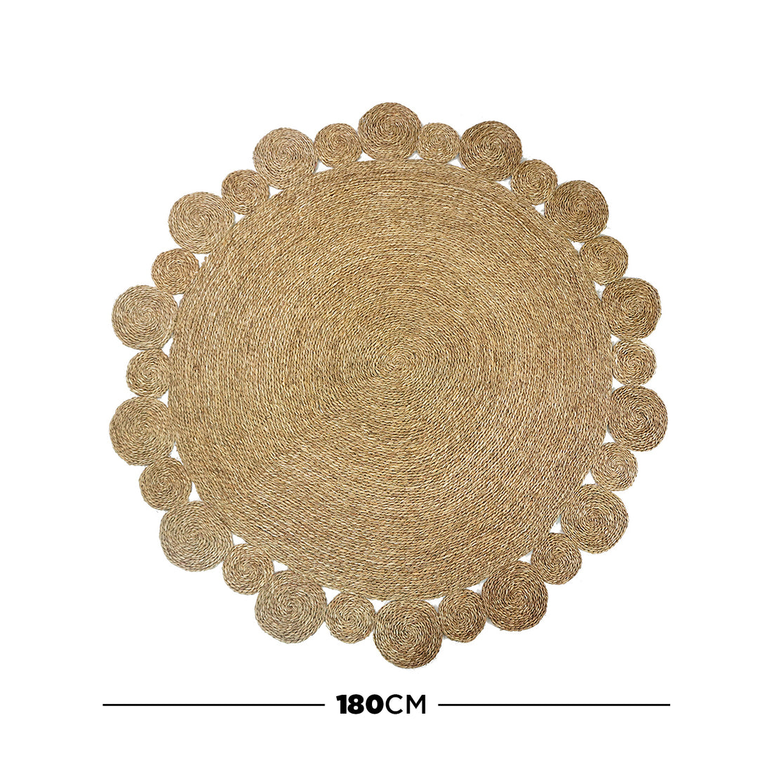 Una 180cm Seagrass Rug - Brown: A large, round woven rug with a concentric spiral pattern and coiled bubble motifs, crafted from natural fibers, measuring 180 cm in diameter.