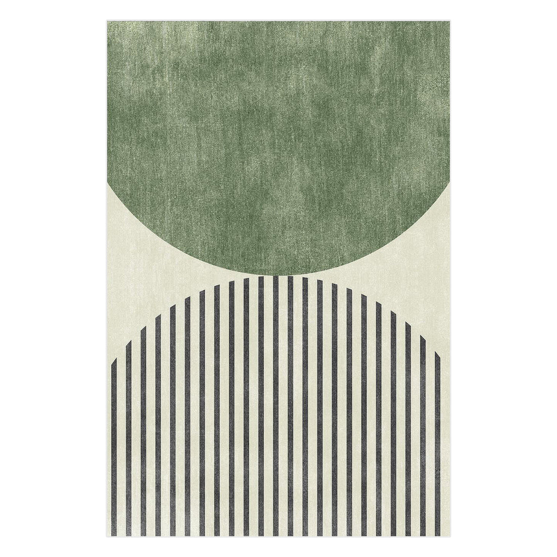Vannebo Modern Abstract Floor Rug 160 x 230cm featuring a muted green solid-textured semicircle atop a striped semicircle on a neutral backdrop, offering a contemporary geometric design.