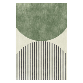 Vannebo Modern Abstract Floor Rug 160 x 230cm featuring a muted green solid-textured semicircle atop a striped semicircle on a neutral backdrop, offering a contemporary geometric design.