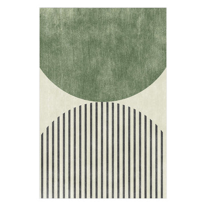Vannebo Modern Abstract Floor Rug 160 x 230cm featuring a muted green solid-textured semicircle atop a striped semicircle on a neutral backdrop, offering a contemporary geometric design.