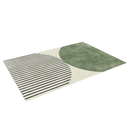 Vannebo Modern Abstract Floor Rug 160 x 230cm features a geometric design with two large half-circles: one solid muted green and one with dark-gray horizontal stripes on a light-cream background.