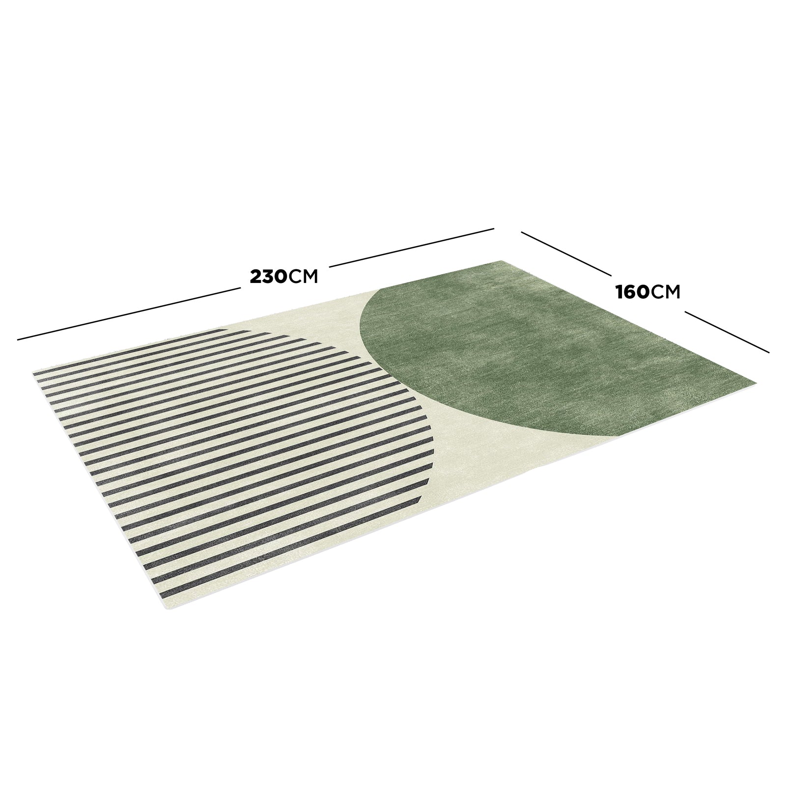 Vannebo Modern Abstract Floor Rug 160 x 230cm showcases an off-white base with two contrasting semicircles: a muted-green on the right and black-striped on the left, forming a geometric design.