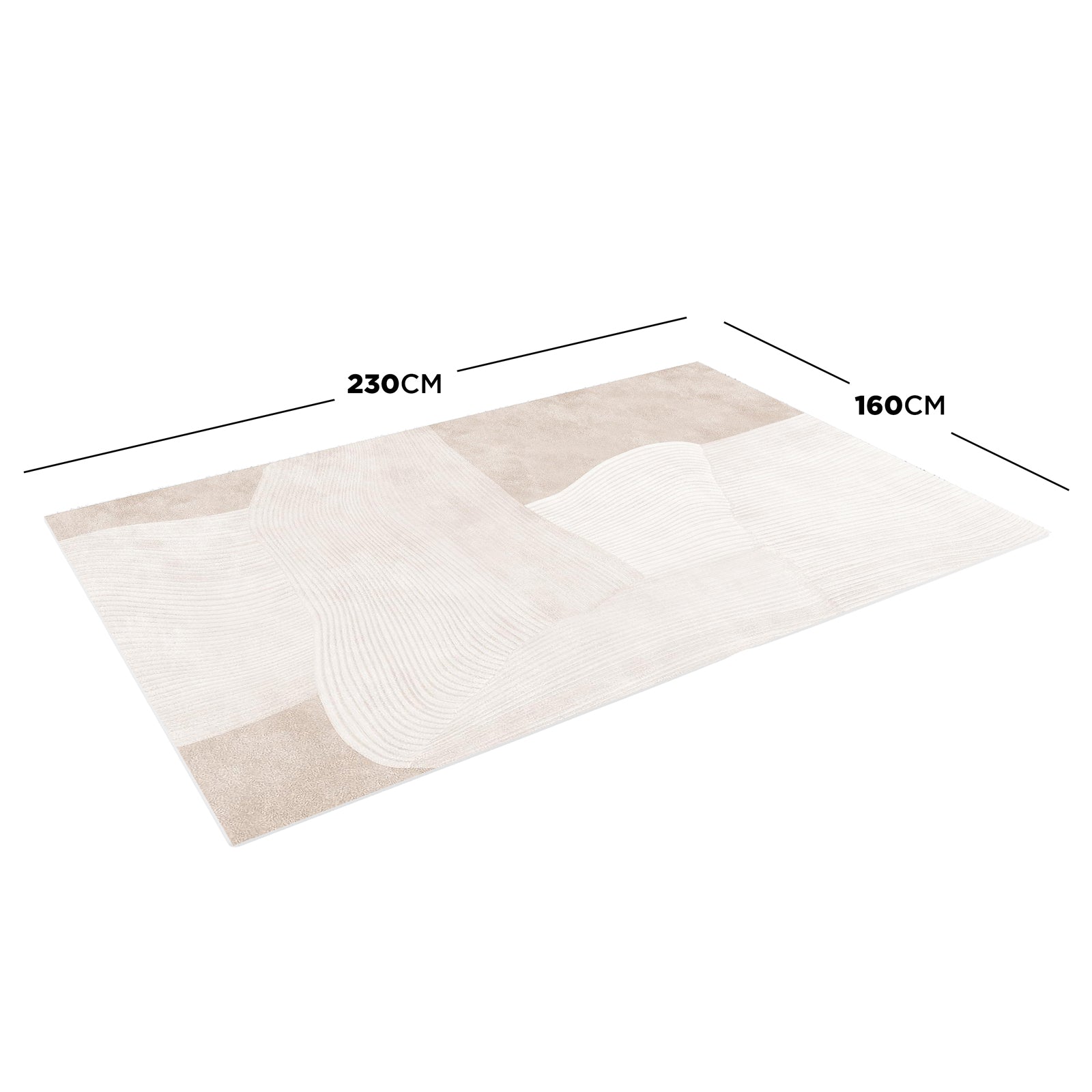 Vastra Modern Abstract Floor Rug 160 x 230cm features an off-white and beige abstract patchwork design, with a corner lifted to show backing. Measurement graphics overlay dimensions.