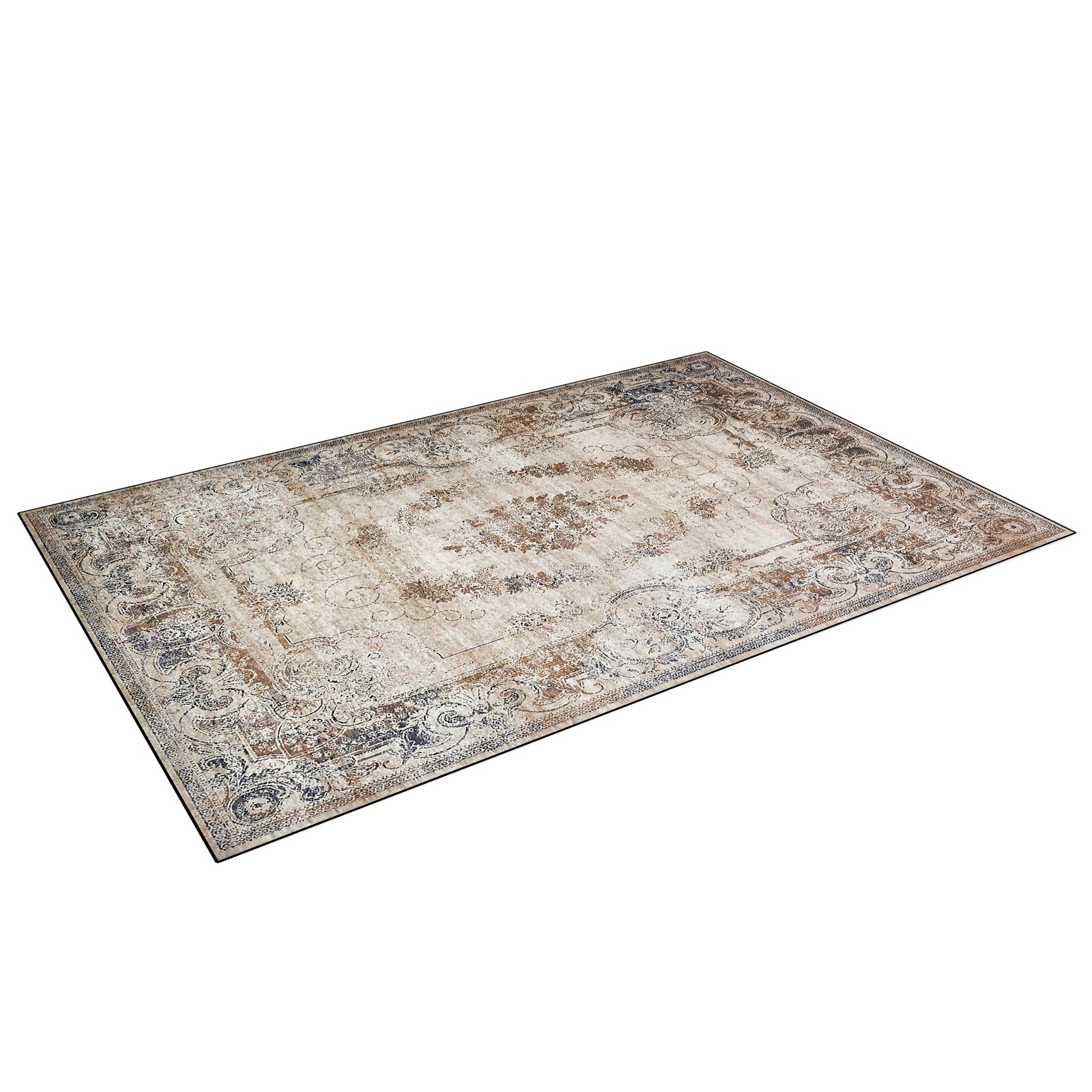 Vikene Distressed Persian Silky Floor Rug 120 x 170cm features a vintage-style design with a central medallion, decorative borders, and a muted palette, enhancing room cohesion and relaxation.
