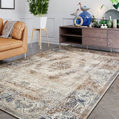 Vikene Distressed Persian Silky Floor Rug 200 x 300cm displayed on a herringbone wood floor, showcasing muted creams, browns, and slate blues, complementing a caramel leather sofa and elegant room decor.