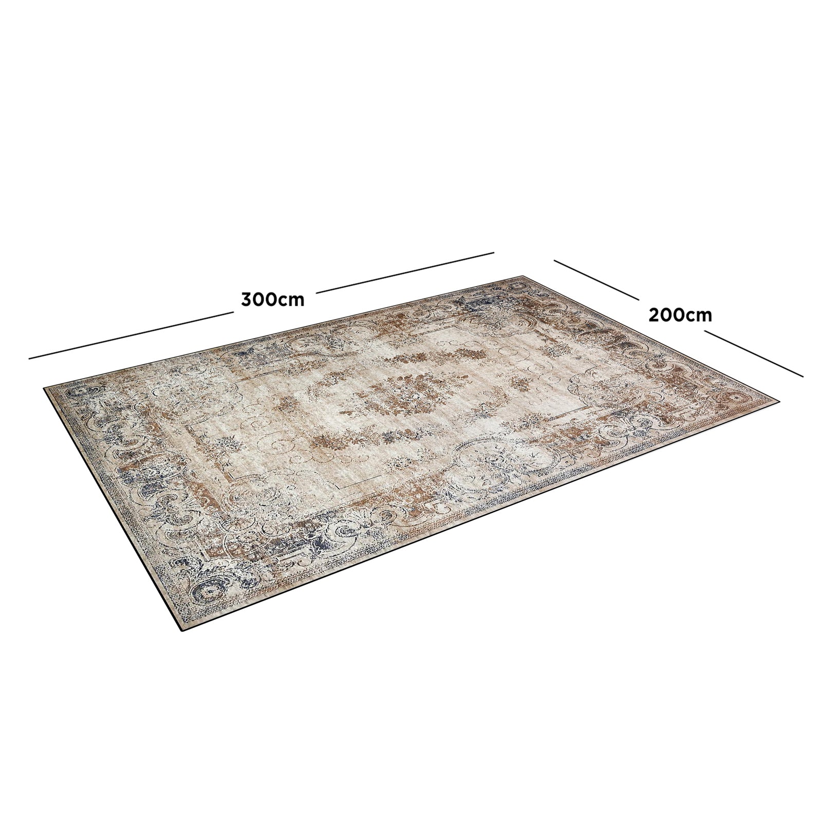 Vikene Distressed Persian Silky Floor Rug 200 x 300cm, featuring an antique-style, distressed ornamental pattern with muted tones, overlaid dimension lines highlighting its size.
