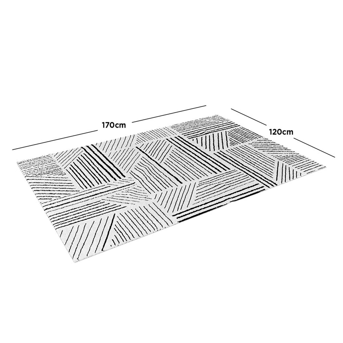 Vikki 120x170cm Small Abstract Contemporary Floor Rug features a geometric black-and-white pattern with diagonal and horizontal lines, laid flat, showcasing its modern design and soft texture.