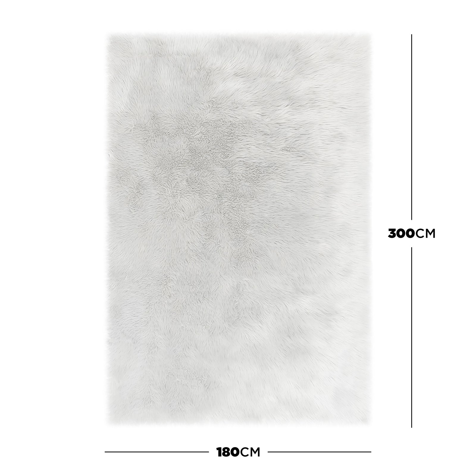 Zubuin 180x300cm Shaggy Plush Rectangular Rug in White, top-down view, showcasing its shaggy faux-fur texture and dimensions marked along the edges.