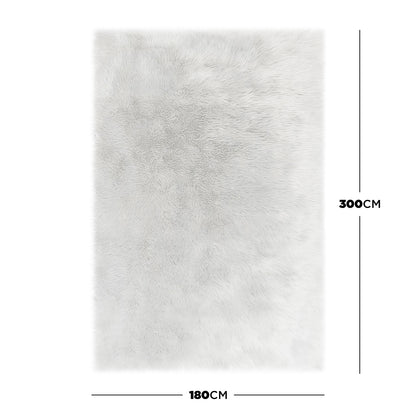 Zubuin 180x300cm Shaggy Plush Rectangular Rug in White, top-down view, showcasing its shaggy faux-fur texture and dimensions marked along the edges.