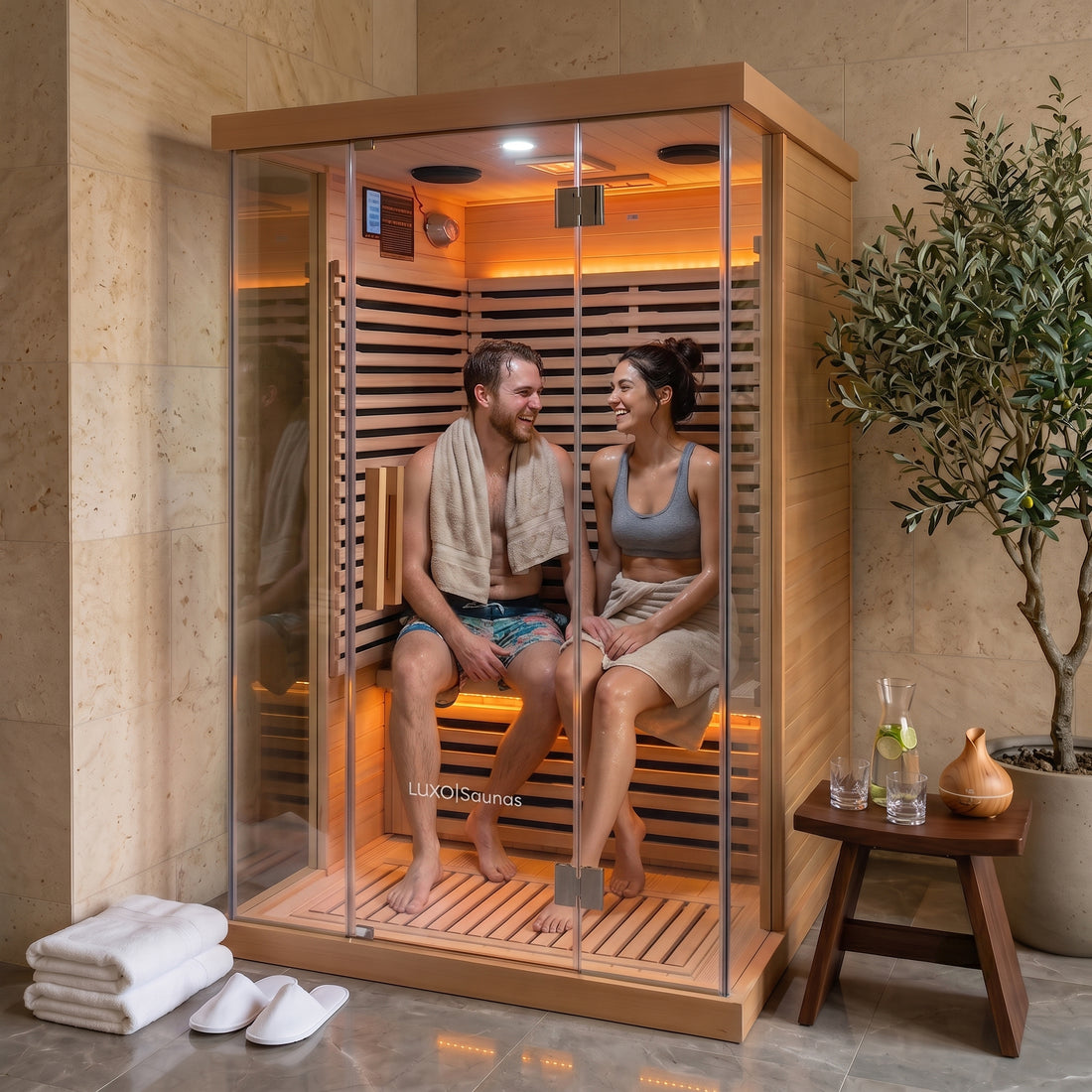 Aalto 2-person infrared sauna with glass door, wooden interior, and amber lighting, shown in a tiled bathroom setting