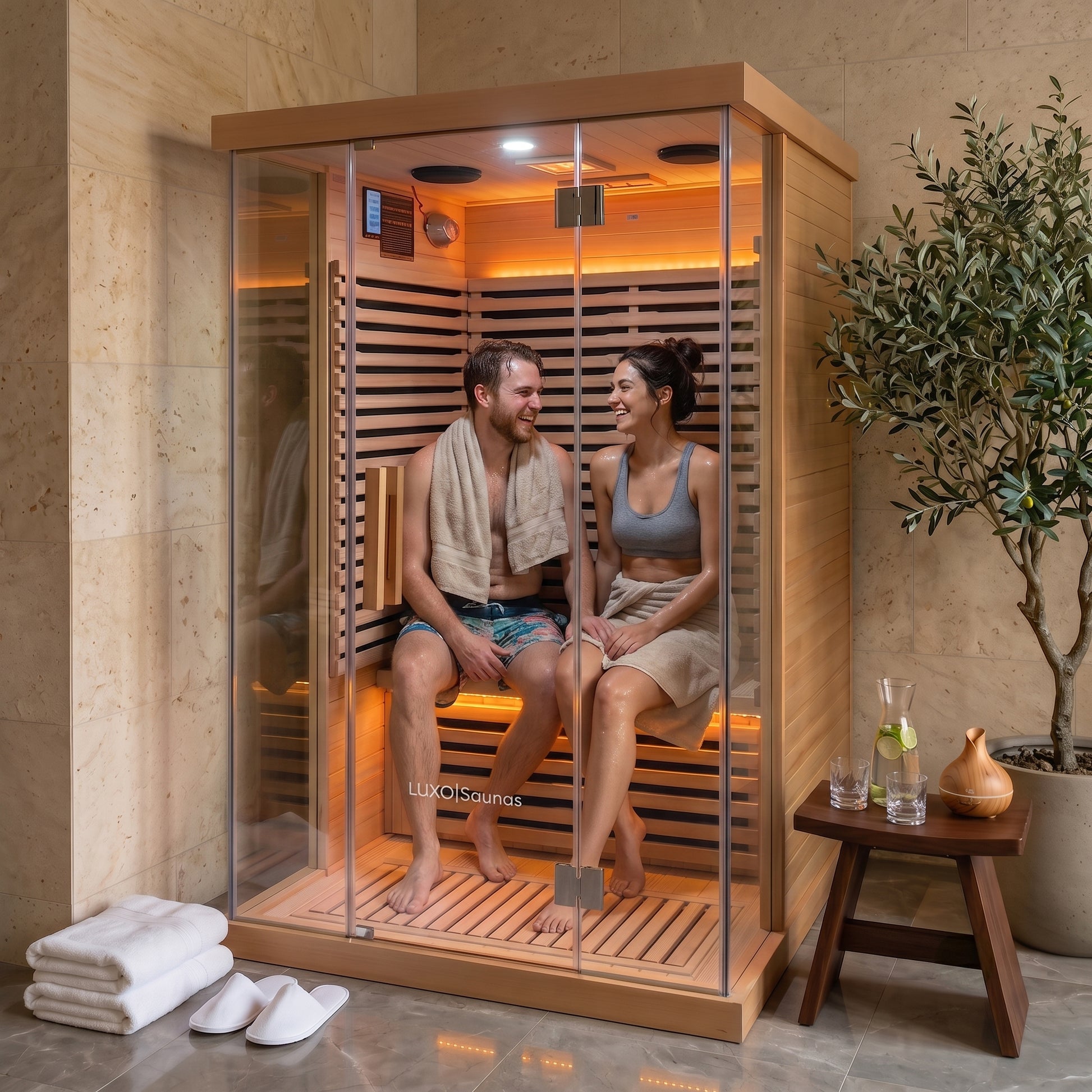 Aalto 2-person infrared sauna with glass door, wooden interior, and amber lighting, shown in a tiled bathroom setting