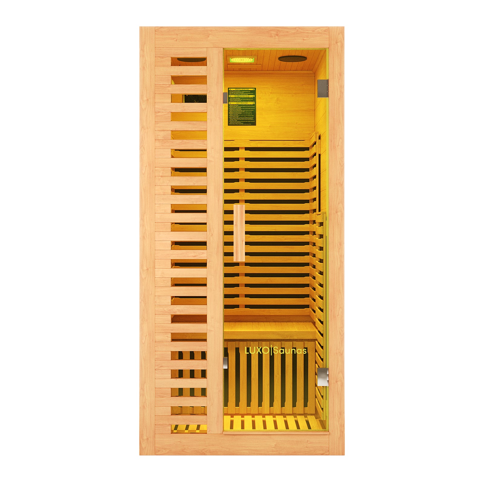 Harlow 1 Person Canadian Hemlock Infrared Home Sauna with light-toned wood, glass door, bench seating, and visible infrared heating panels. Features AS/NZS 60335 Certified badge and LUXO Saunas branding.