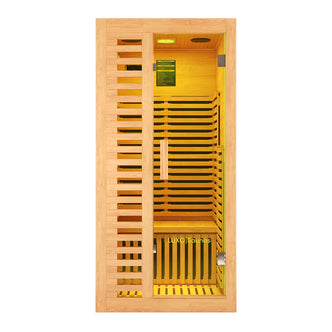 Harlow 1 Person Canadian Hemlock Infrared Home Sauna with light-toned wood, glass door, bench seating, and visible infrared heating panels. Features AS/NZS 60335 Certified badge and LUXO Saunas branding.