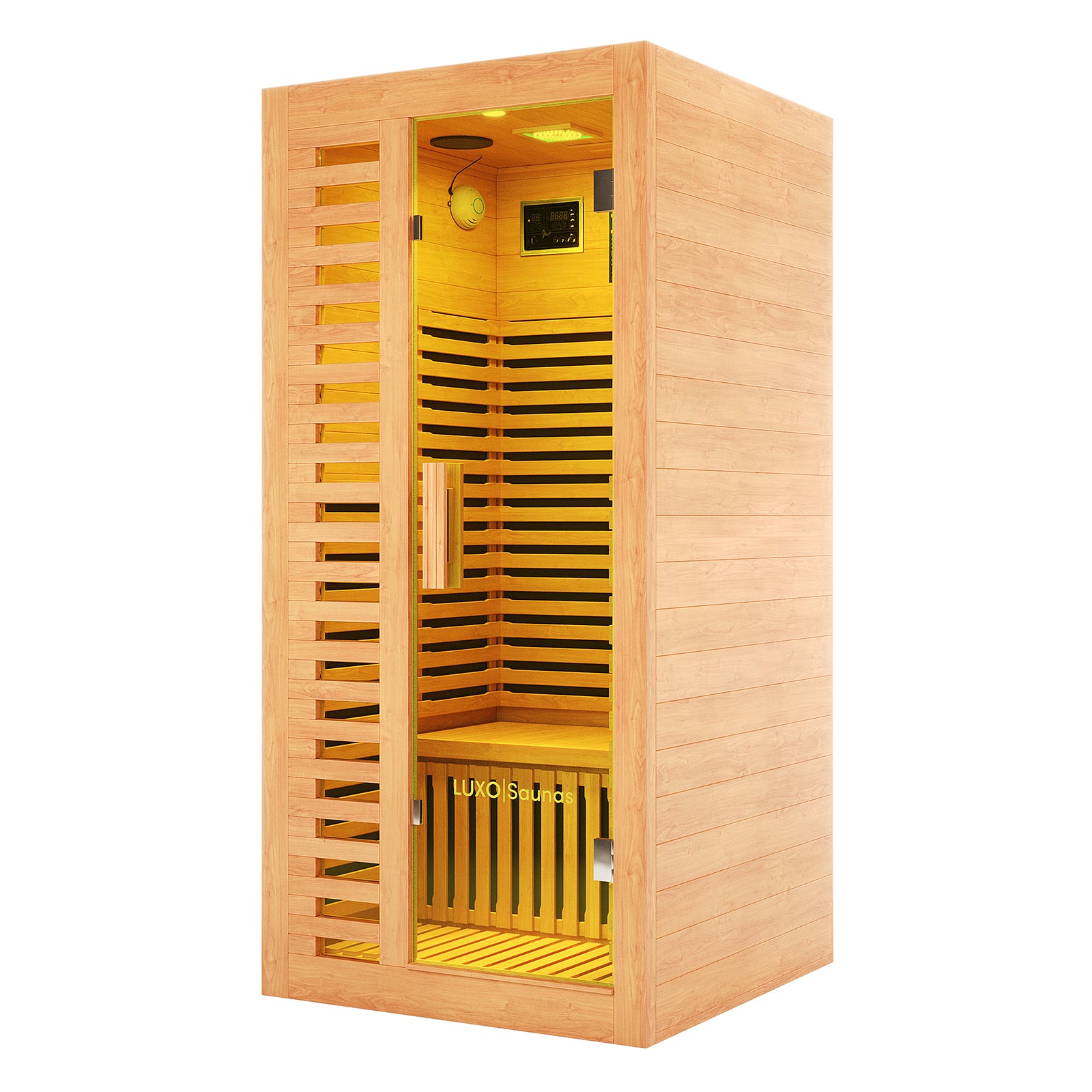Harlow 1 Person Canadian Hemlock Infrared Home Sauna with slatted wooden walls, glass-front door, interior control panel, light, and a comfortable bench. Ideal for creating a personal relaxation space.