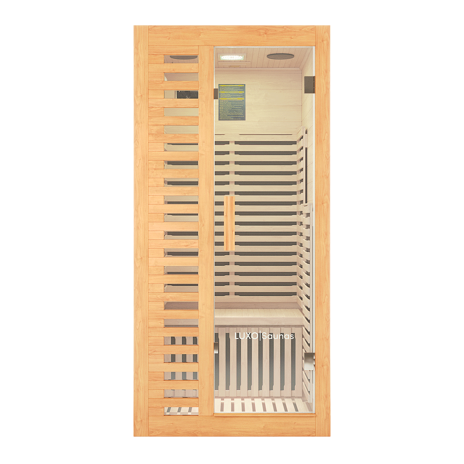 Harlow 1 Person Canadian Hemlock Infrared Home Sauna features light wood slats, a full-length glass door, a slatted bench, an overhead light, and visible infrared heating panel inside.