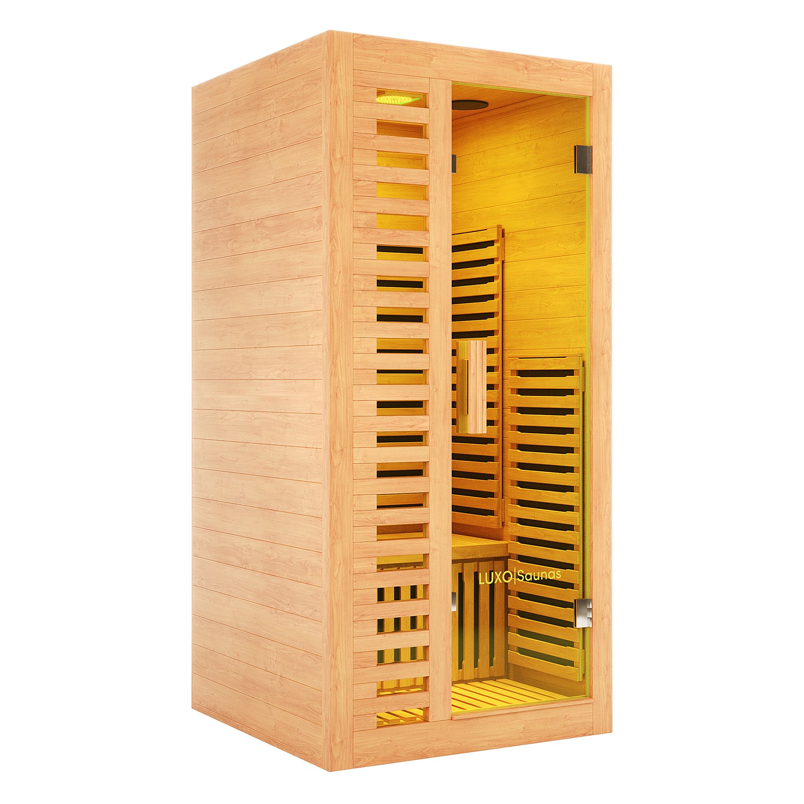 Harlow 1 Person Canadian Hemlock Infrared Home Sauna, featuring a light-toned wooden cabin with a glass front door, interior bench, and warm amber lighting, designed for soothing indoor relaxation.