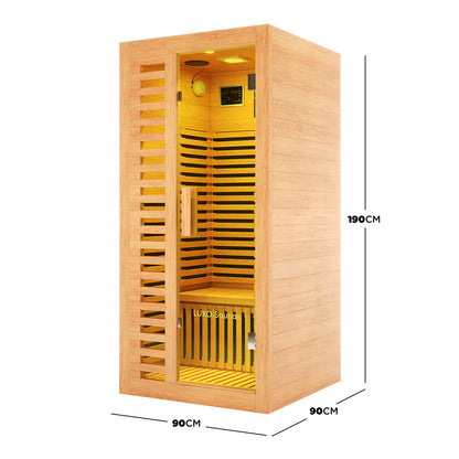 Harlow 1 Person Canadian Hemlock Infrared Home Sauna, a compact wooden cabin with a glass-front door, interior bench, overhead heating panel, control unit, and built-in speaker, designed for indoor relaxation.