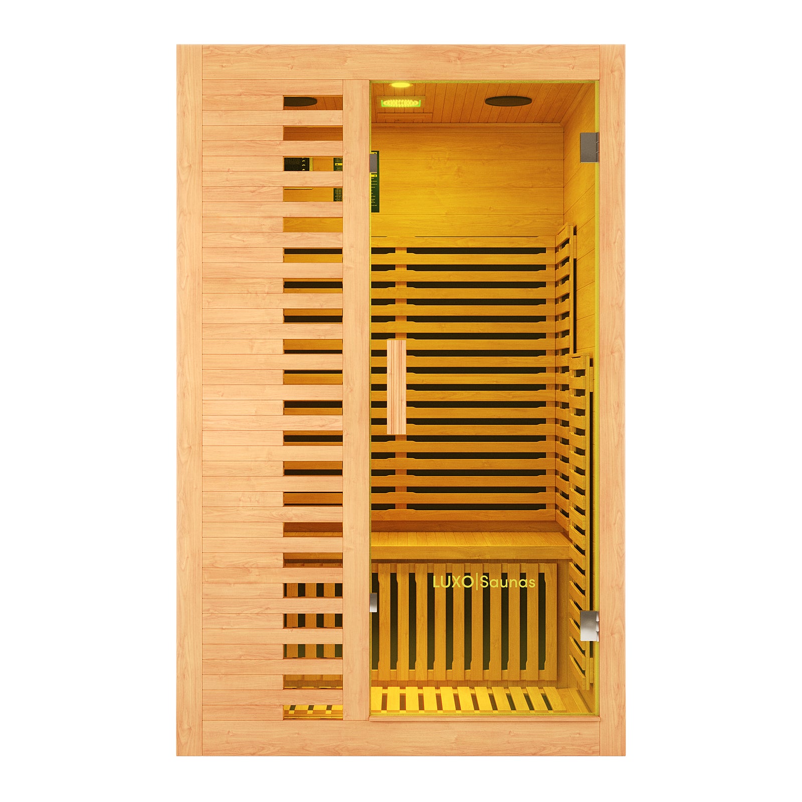 Harlow 2 Person Canadian Hemlock Infrared Home Sauna featuring a glass door, interior benches, control panel, overhead light, and LUXO Saunas brand. Certified to AS/NZS 60335 safety standards.