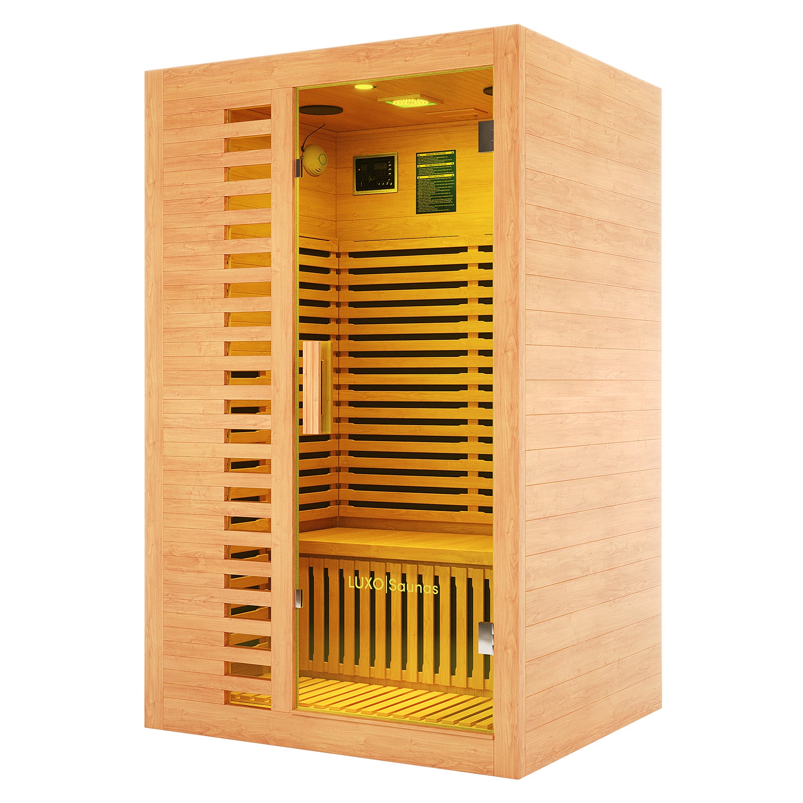 Harlow 2 Person Canadian Hemlock Infrared Home Sauna showcasing slatted-wood walls, a glass-front door, interior bench, and control panel, offering a modern wellness experience with infrared heating.