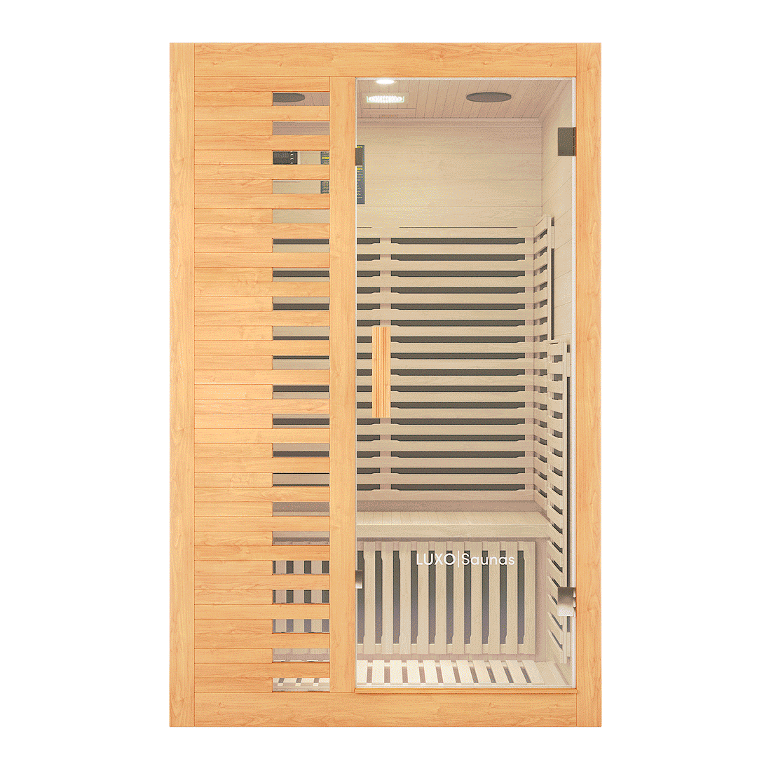 Harlow 2 Person Canadian Hemlock Infrared Home Sauna, featuring light wood slats, glass front door, bench seating, overhead light, digital control panel, and LUXO Saunas branding on the glass.