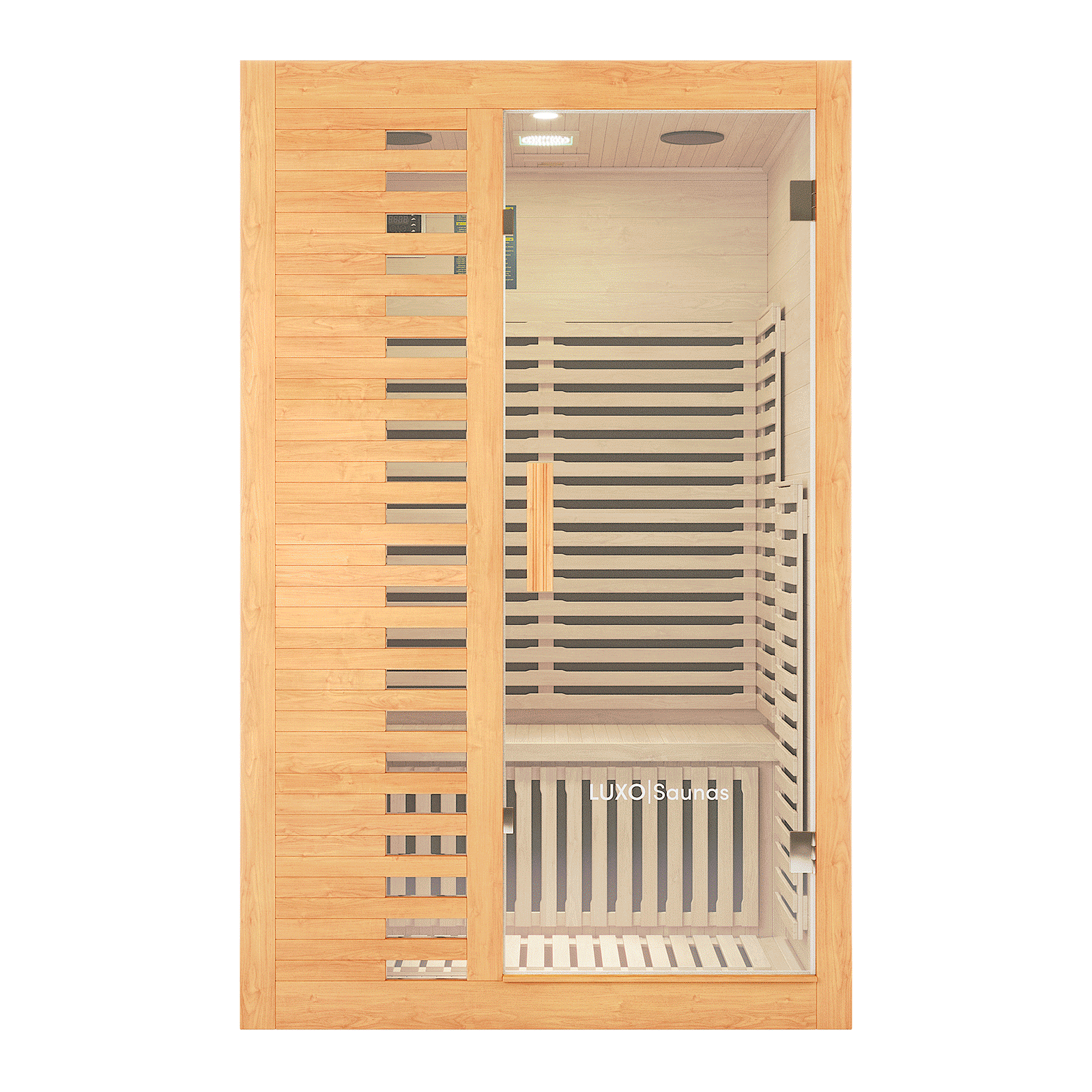 Harlow 2 Person Canadian Hemlock Infrared Home Sauna, featuring light wood slats, glass front door, bench seating, overhead light, digital control panel, and LUXO Saunas branding on the glass.